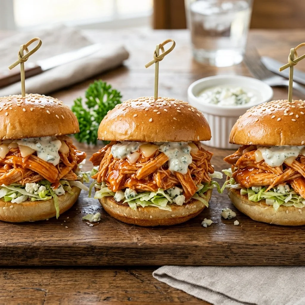 Buffalo Chicken Sliders served on a platter with sauces and garnishes