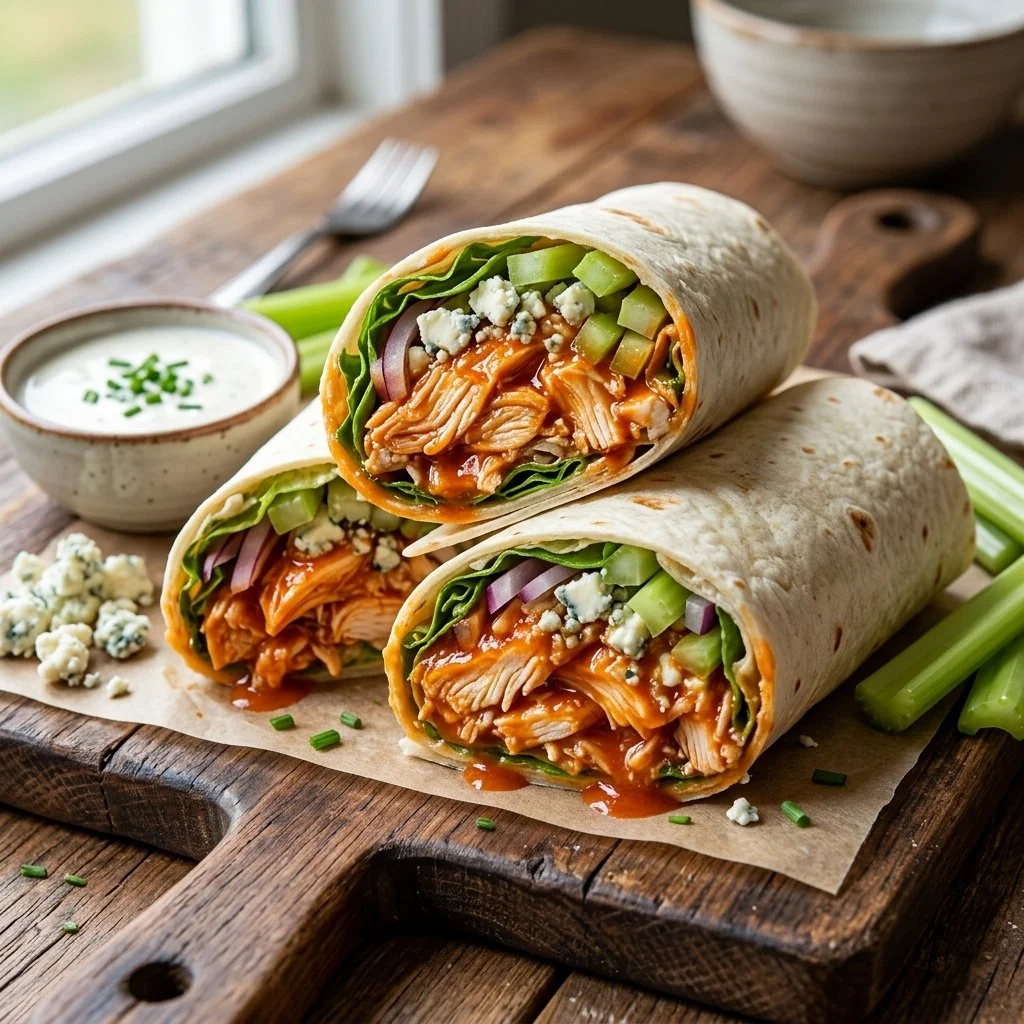 Delicious Buffalo Chicken Wraps with spicy sauce and fresh vegetables