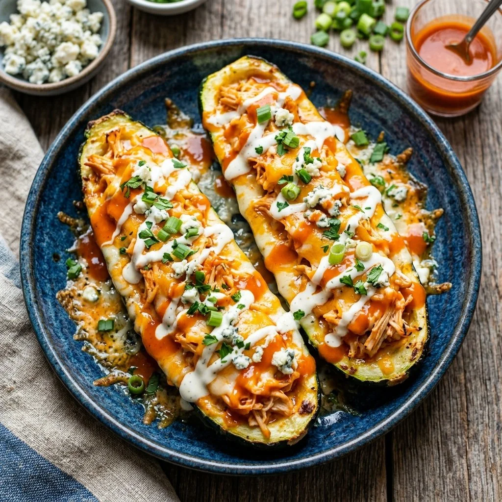 Buffalo chicken zucchini boats topped with cheese and green onions
