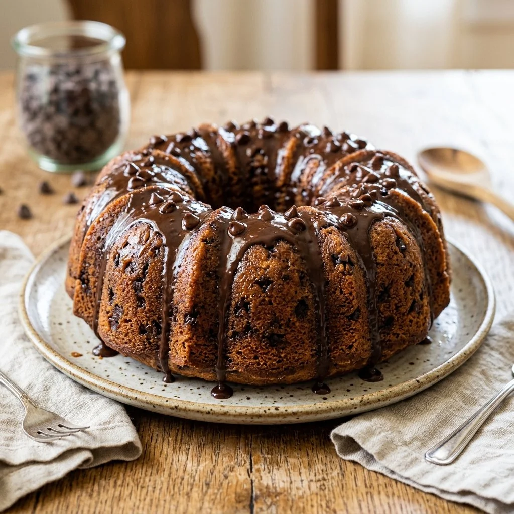 Delicious Bundt Cake with Chocolate Chips served on a plate