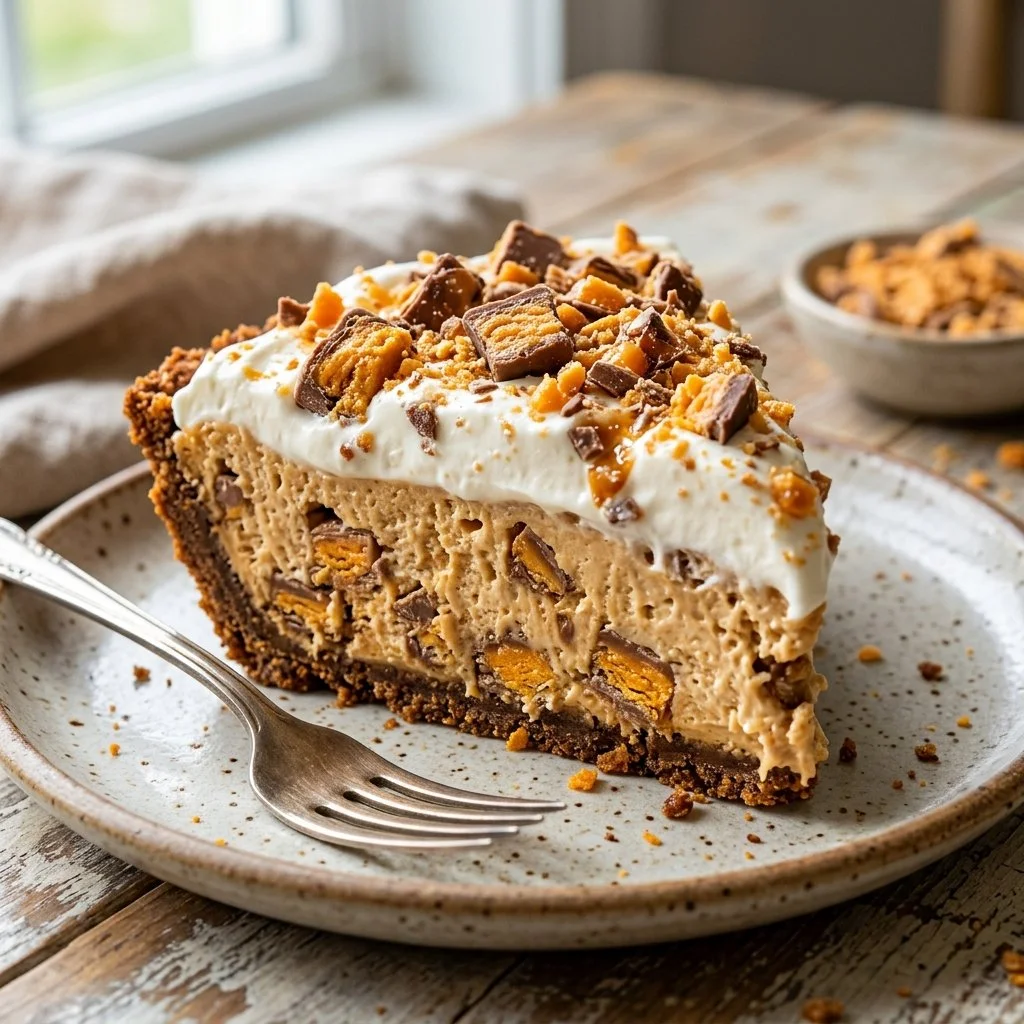 Delicious Butterfinger Pie topped with crushed Butterfinger bars and whipped cream