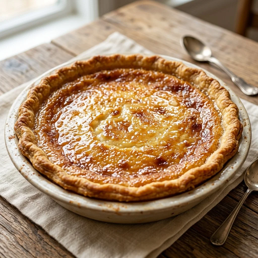 Delicious slice of homemade buttermilk pie with a golden crust and creamy filling