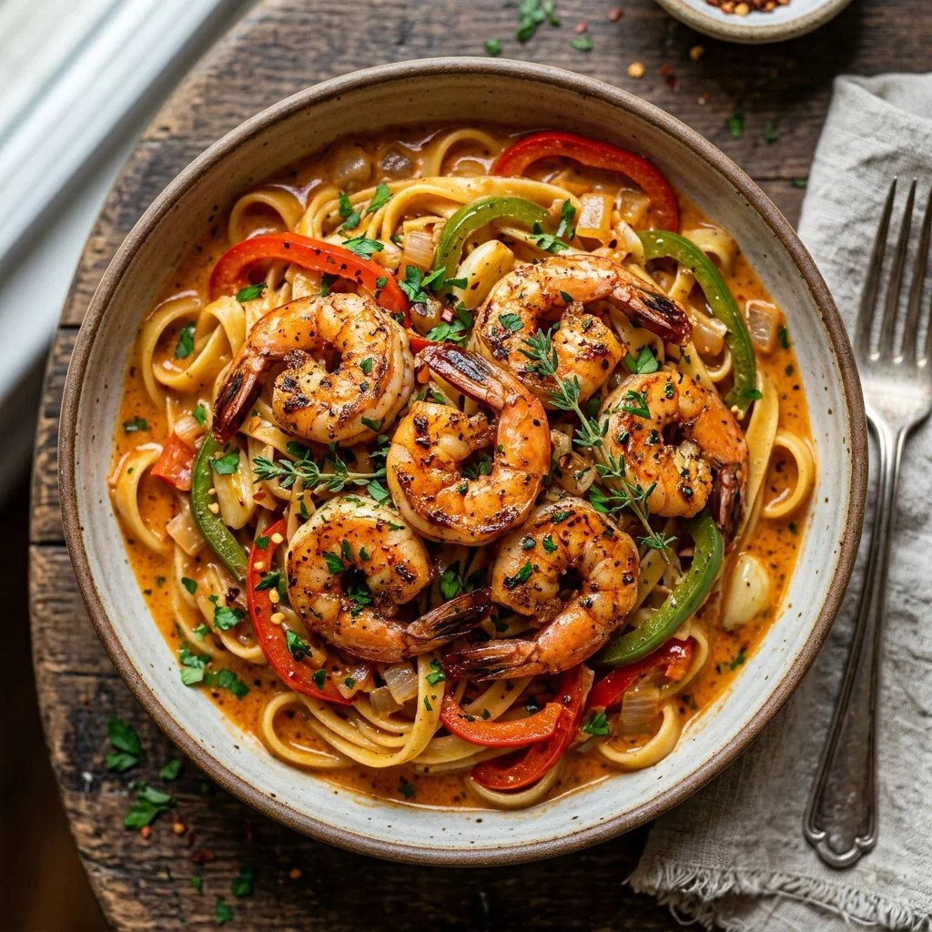Cajun shrimp pasta dish garnished with herbs and spices