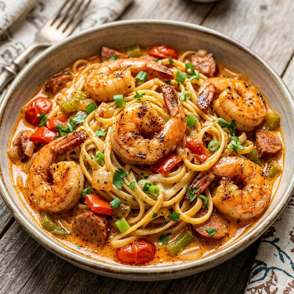 Delicious Cajun Shrimp Pasta garnished with herbs and spices
