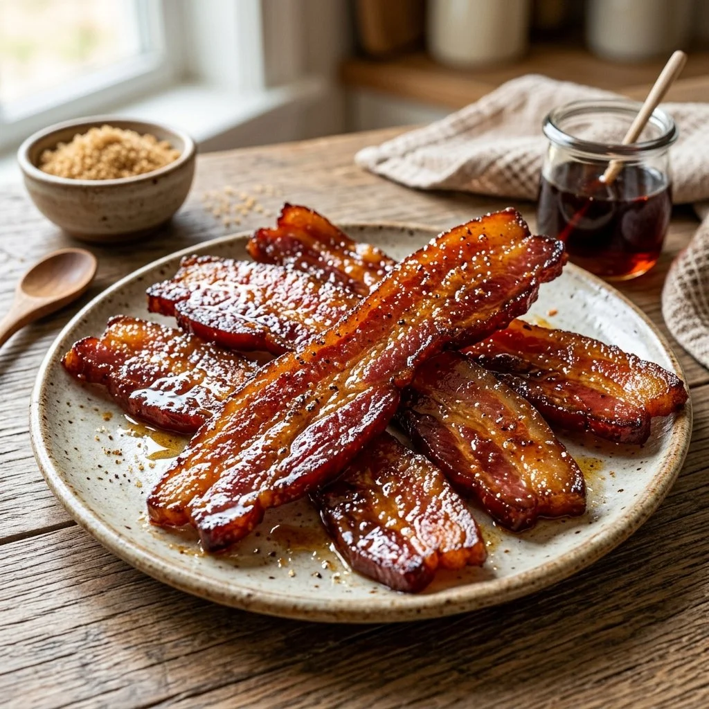 Delicious candied bacon glazed with brown sugar and maple syrup