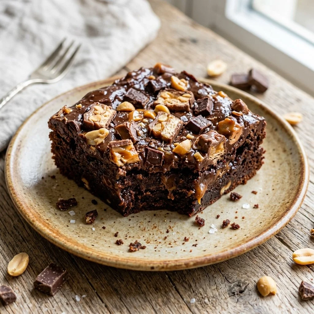 Delicious homemade candy bar brownies topped with various chocolate candies