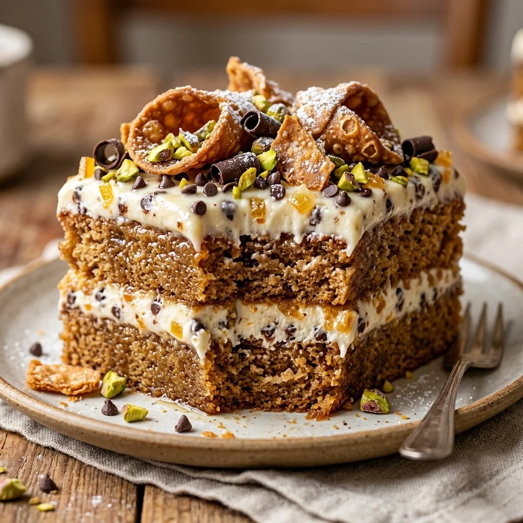Delicious Cannoli Cake decorated with cream and chocolate chips