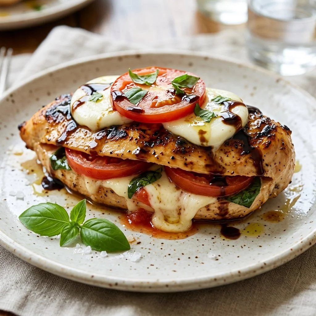 Delicious Caprese Chicken Breast garnished with fresh basil and mozzarella