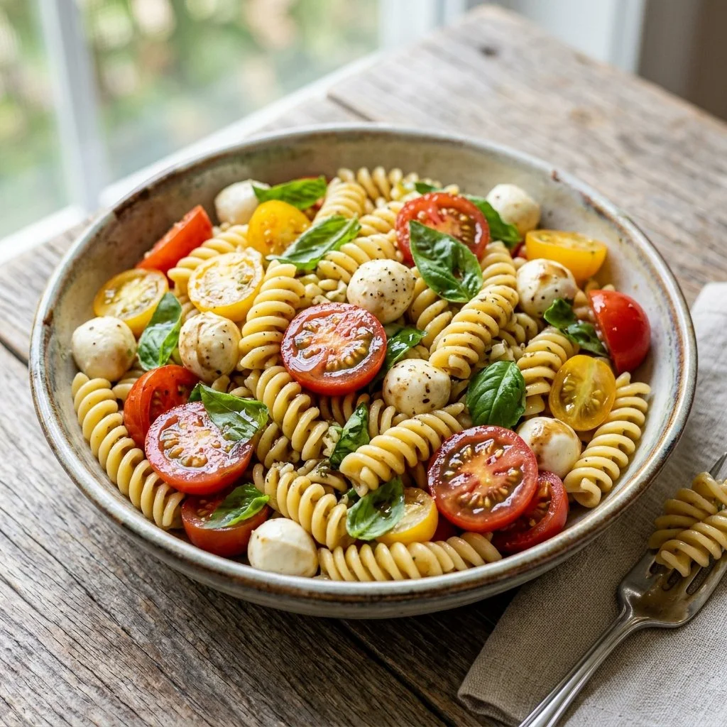 Delicious Caprese Pasta Salad with tomatoes, mozzarella, and fresh basil