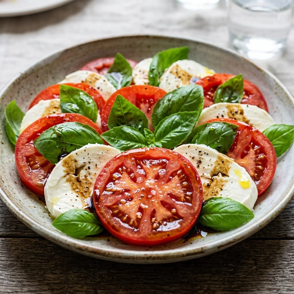 Delicious Caprese Salad with fresh mozzarella, tomatoes, and basil leaves