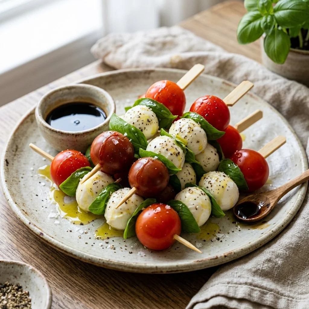 Fresh Caprese Skewers with tomatoes, basil, and mozzarella cheese.