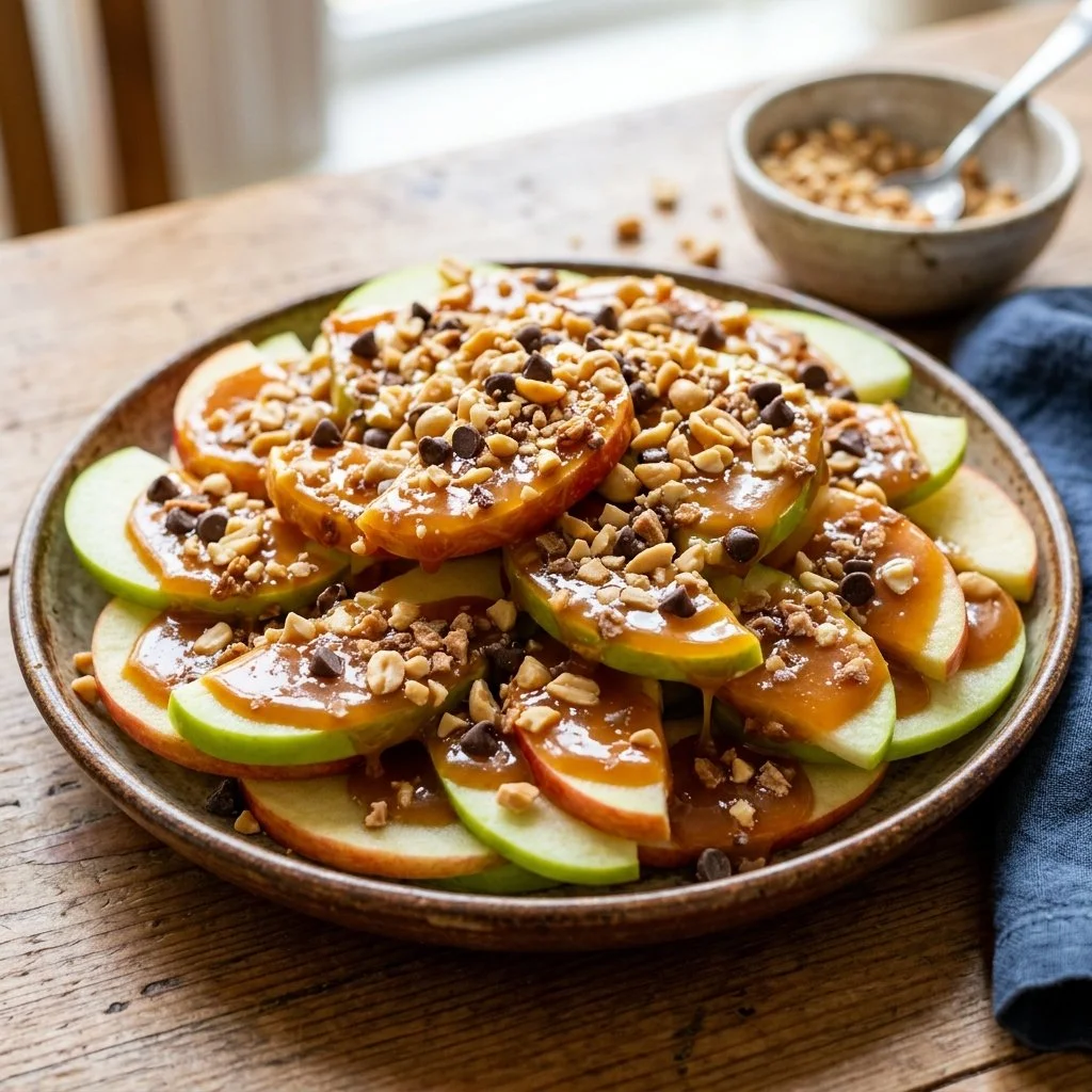 Delicious Caramel Apple Nachos topped with chocolate and nuts