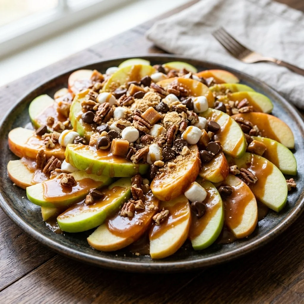 Delicious caramel apple nachos topped with chocolate and nuts