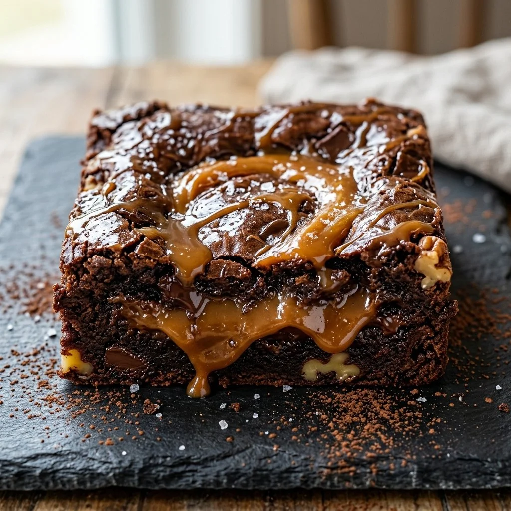 Delicious homemade caramel brownies topped with rich caramel drizzles