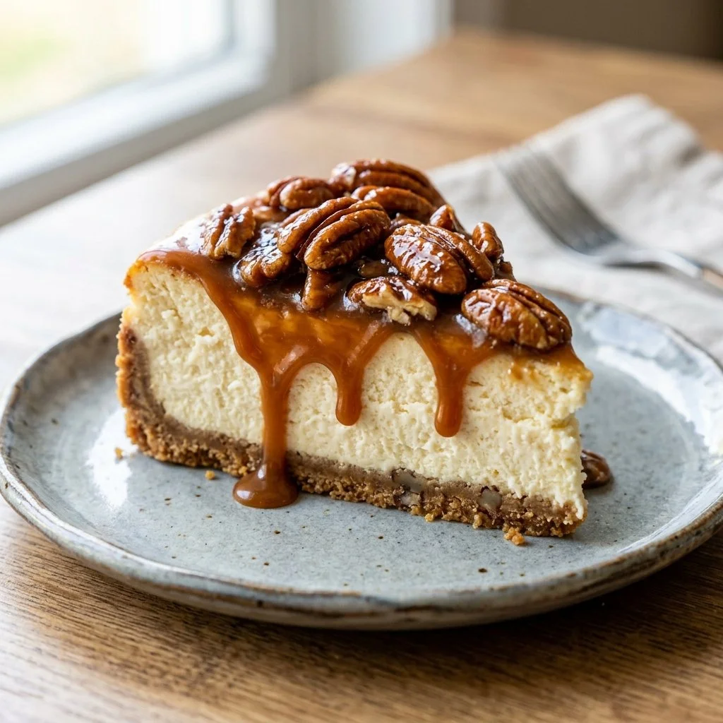Delicious Caramel Pecan Cheesecake with caramel drizzle and pecans on top
