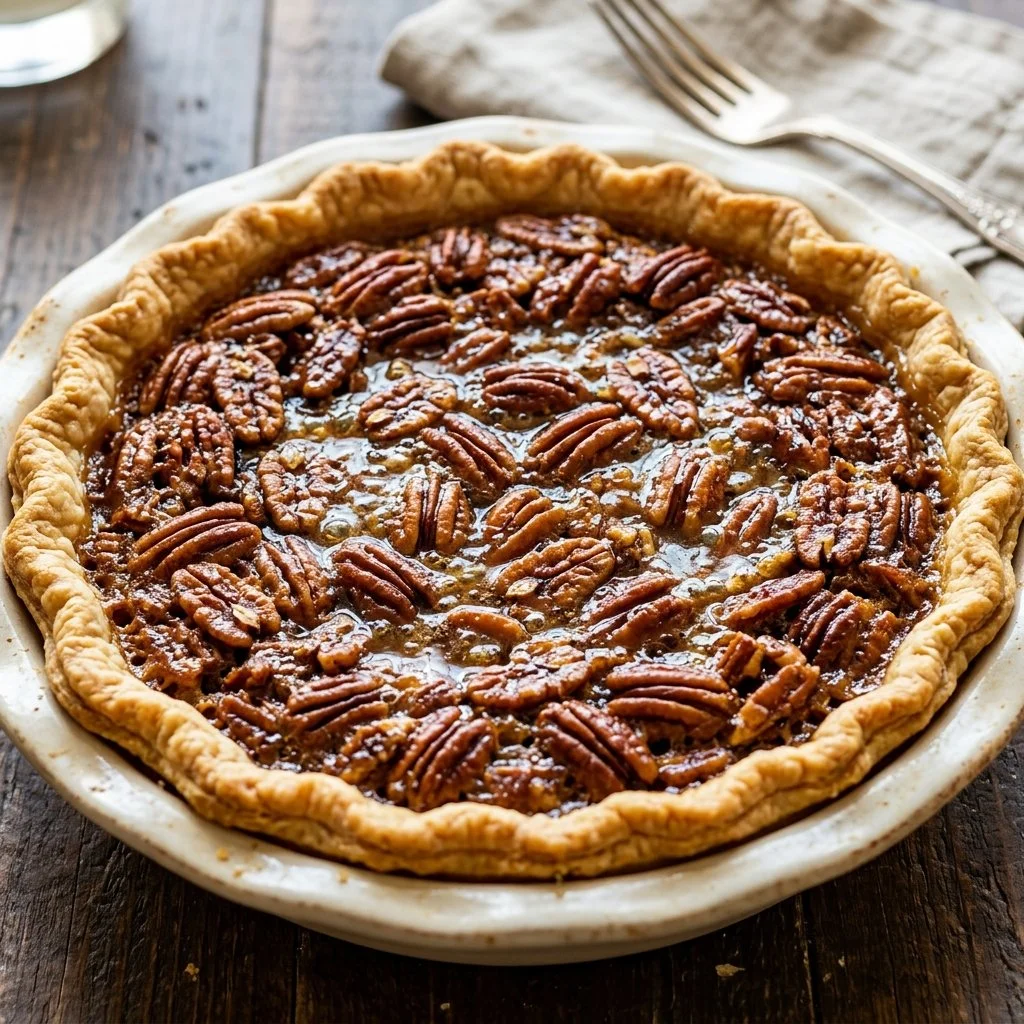Deliciously baked Caramel Pecan Pie topped with caramel sauce and pecans.