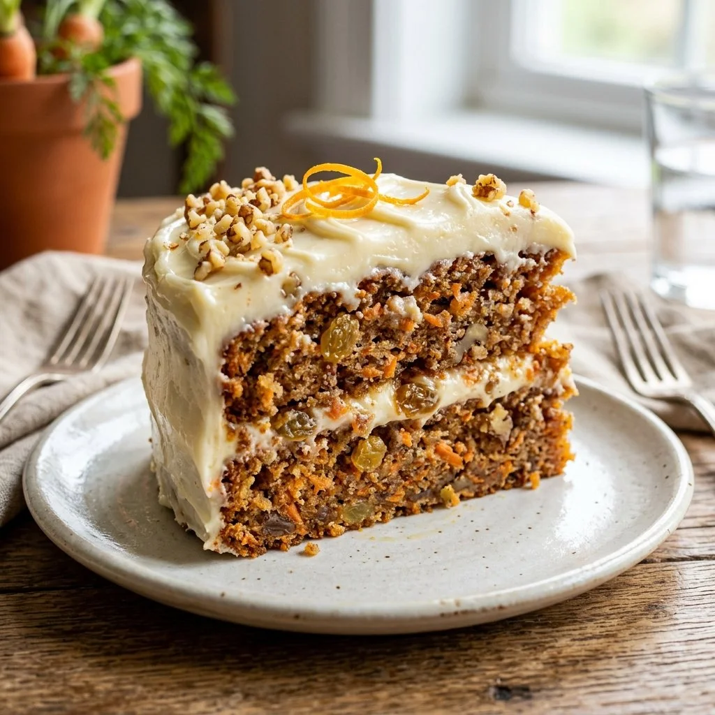 Delicious slice of homemade carrot cake with cream cheese frosting