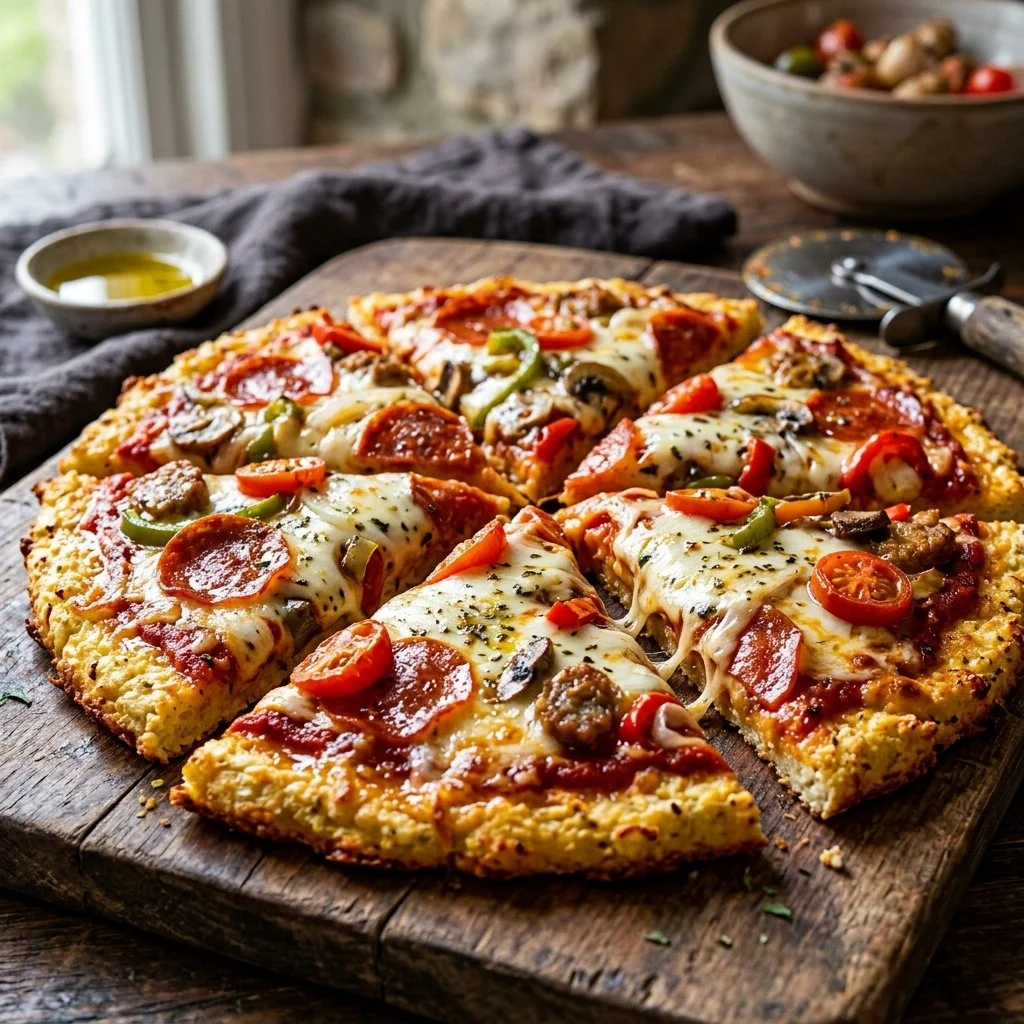 Delicious cauliflower crust pizza topped with fresh ingredients