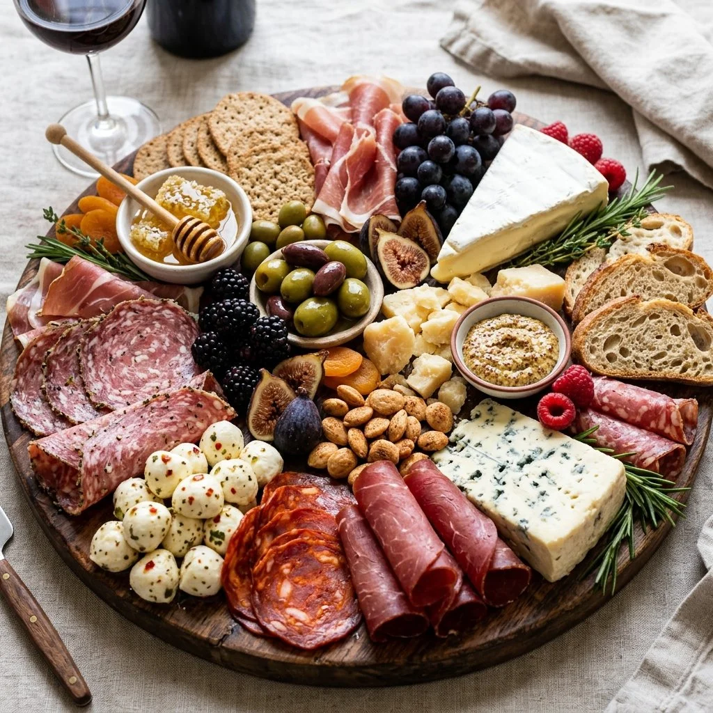 Beautifully arranged charcuterie board with meats, cheeses, and garnishes.