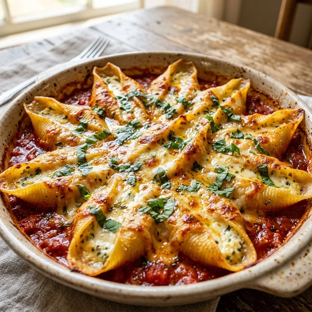 Delicious cheesy stuffed shells served with marinara sauce and garnished with parsley
