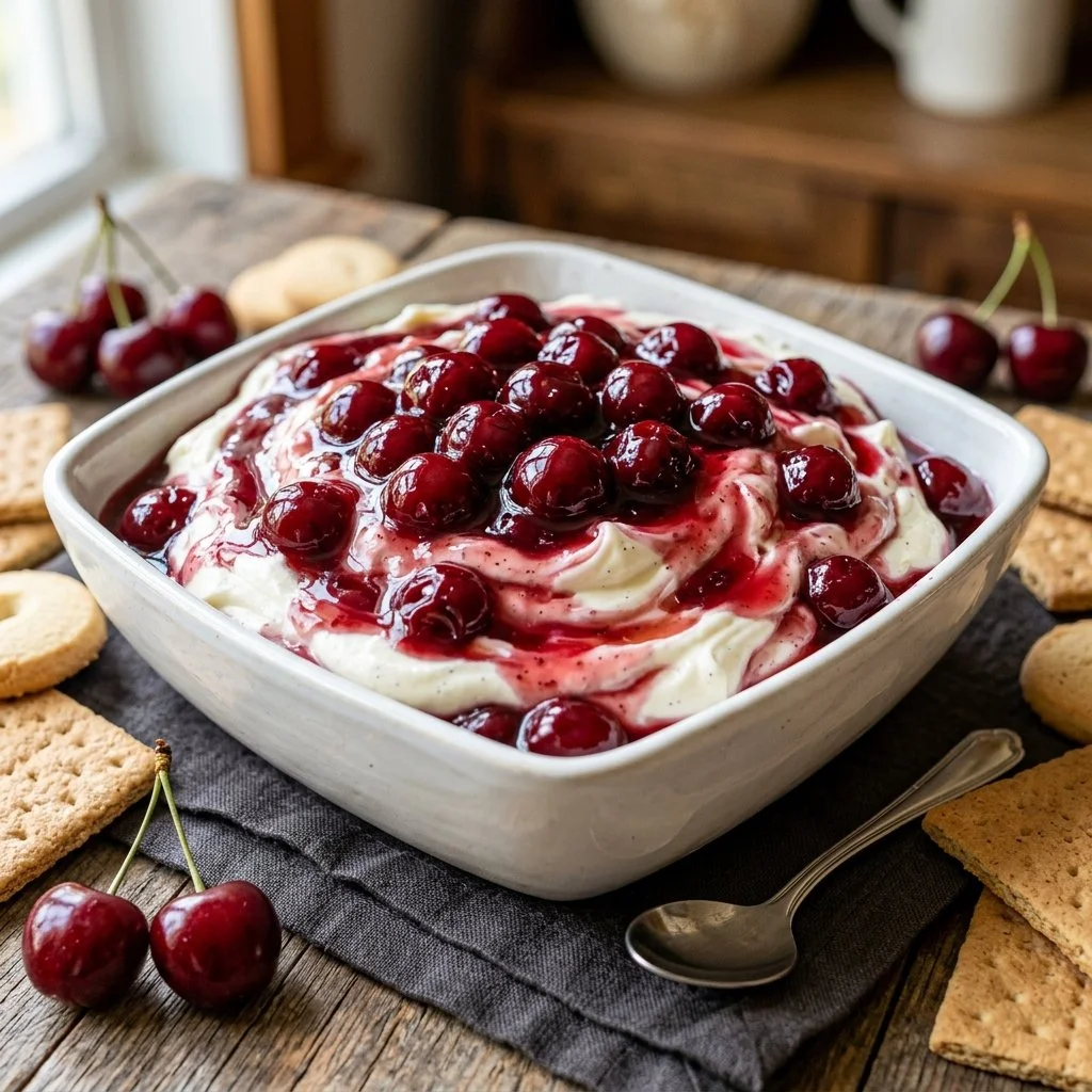 Delicious Cherry Cheesecake Dip served in a bowl with fruit toppings