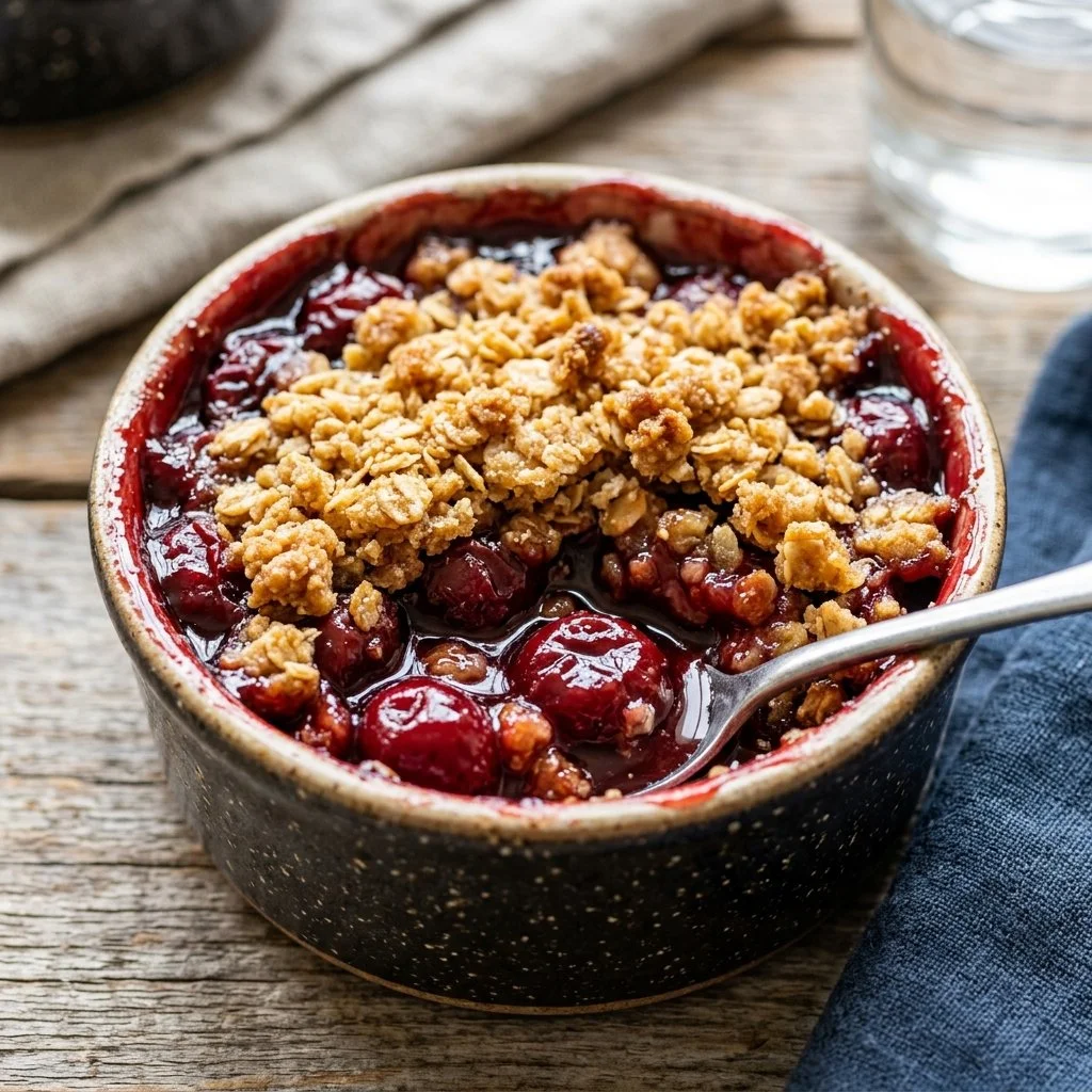 Delicious homemade Cherry Crisp dessert topped with crunchy oats and cherries