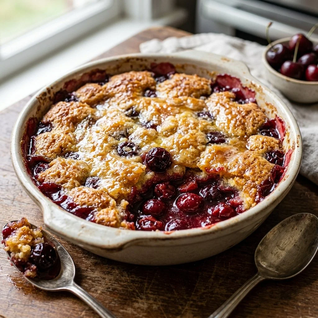 Delicious Cherry Dump Cake with topping ready to serve