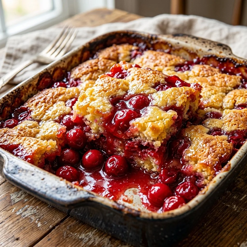 Delicious Cherry Dump Cake with cherries and cake mix on a rustic plate