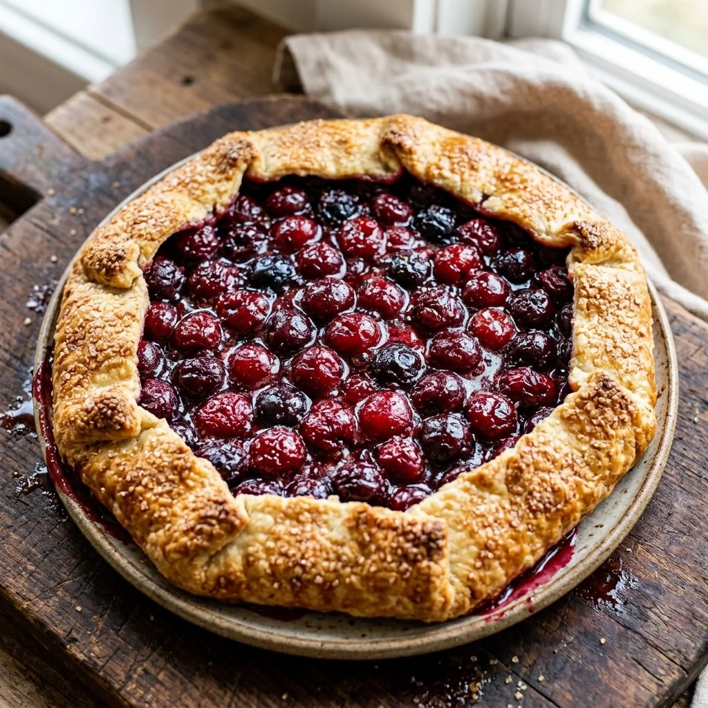 Homemade cherry galette dessert with fresh cherries and flaky crust