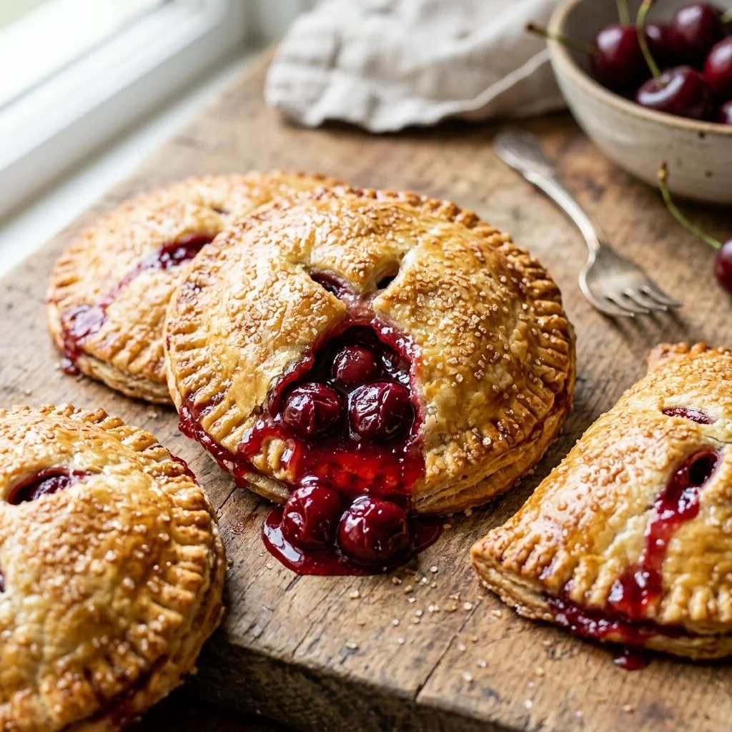 Freshly baked Cherry Hand Pies on a rustic table