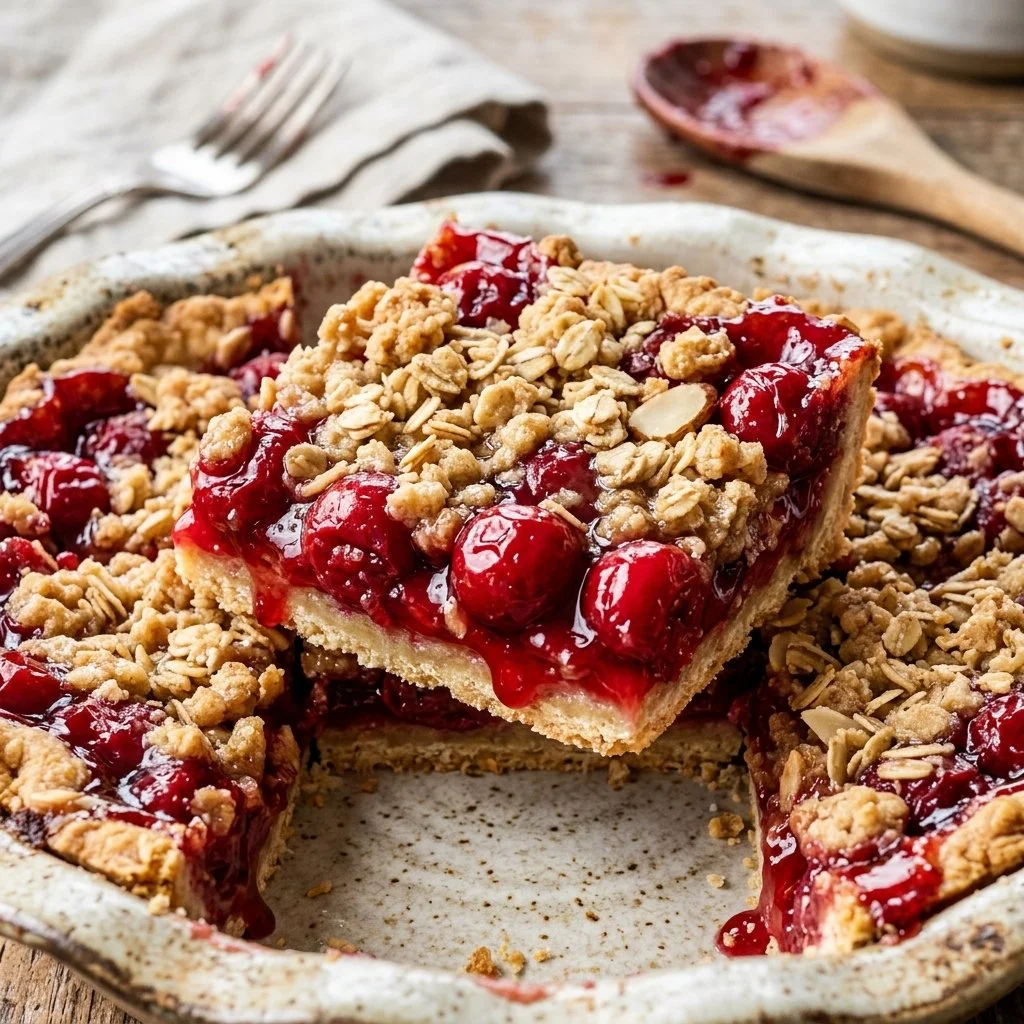 Delicious cherry pie bars topped with a crumble and fresh cherries