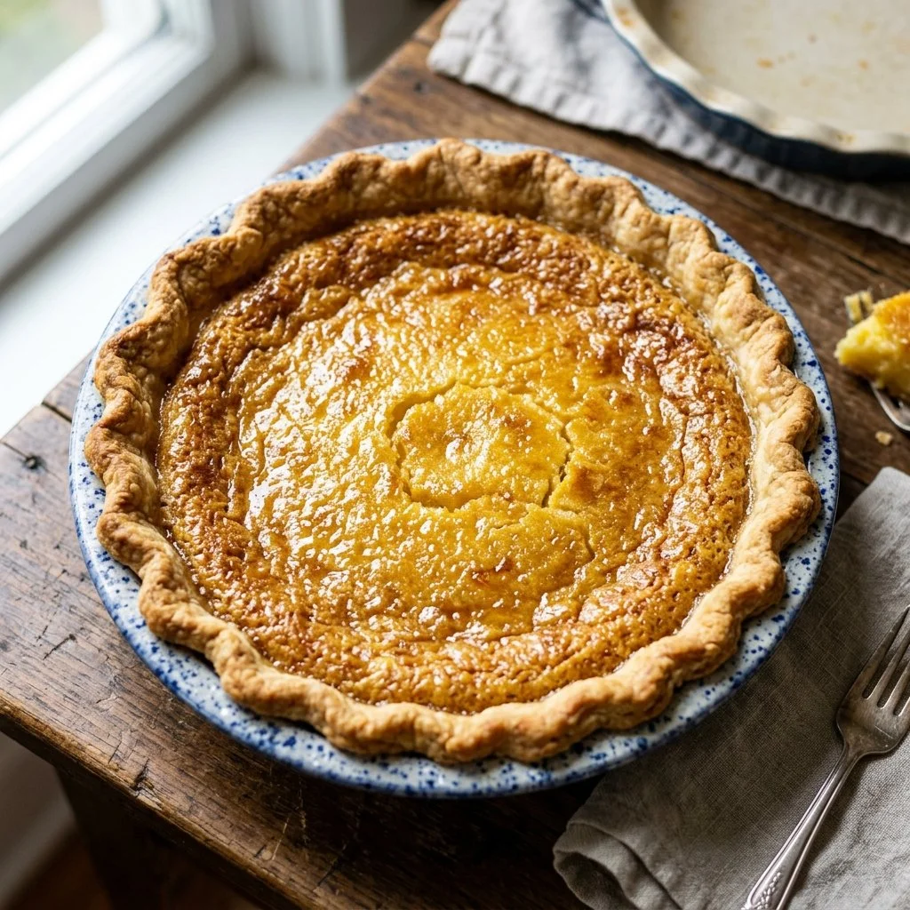 Homemade chess pie on a wooden table, showcasing its golden crust and creamy filling.