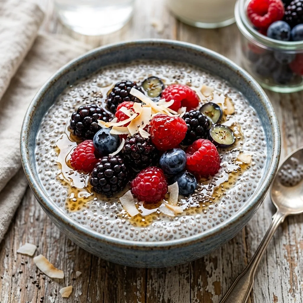 Delicious chia seed pudding topped with fresh fruits and nuts