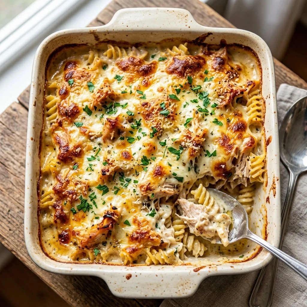Delicious Chicken Alfredo Bake topped with melted cheese and herbs.