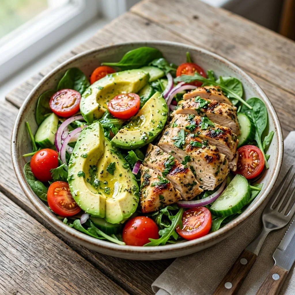 Delicious Chicken Avocado Salad with fresh ingredients and vibrant colors.