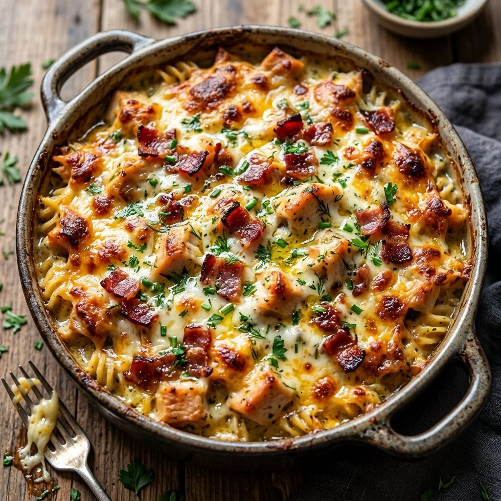 Delicious Chicken Bacon Ranch Casserole served in a baking dish