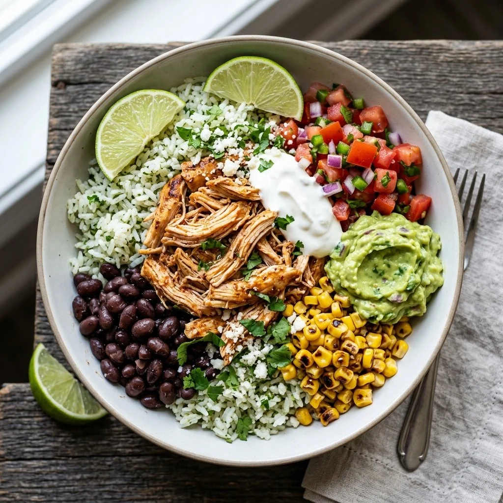 Delicious Chicken Burrito Bowl with rice, beans, chicken, and fresh toppings.