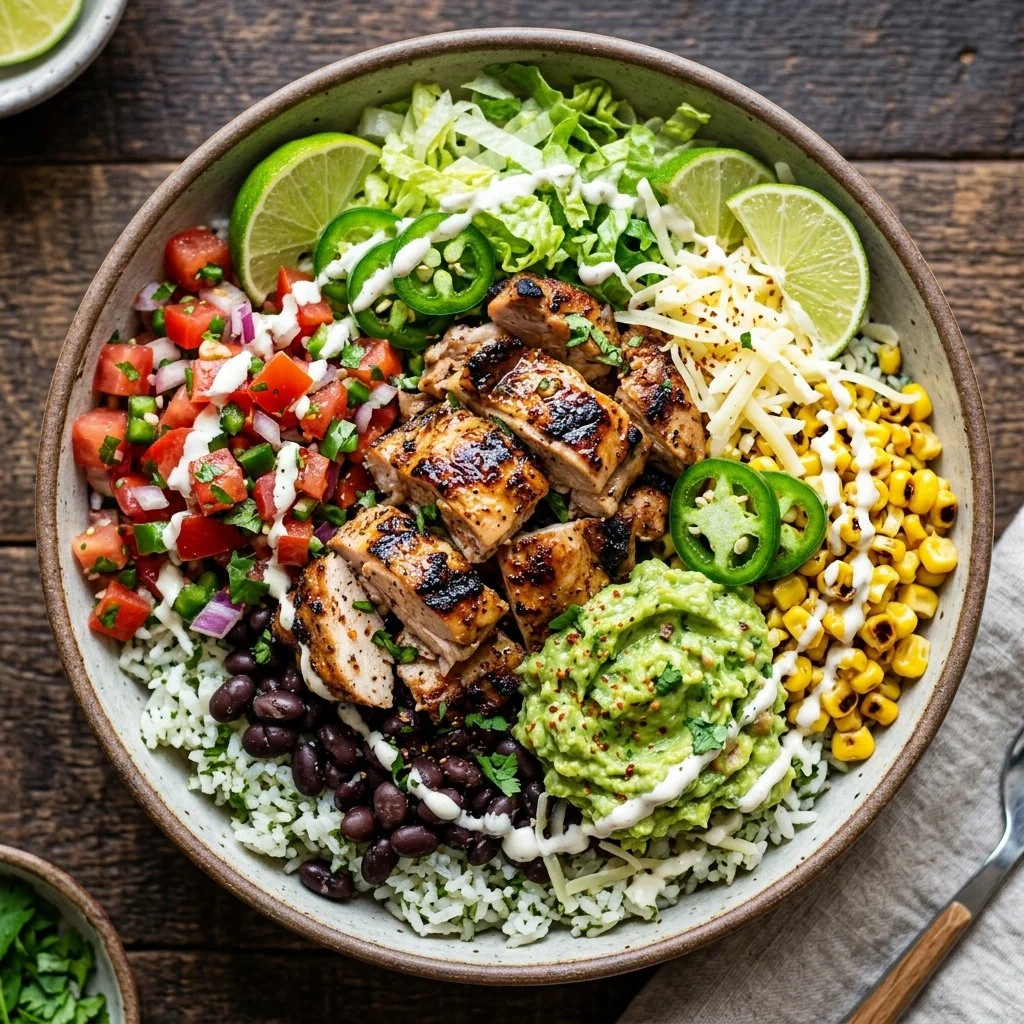 Delicious Chicken Burrito Bowls with fresh ingredients and vibrant colors
