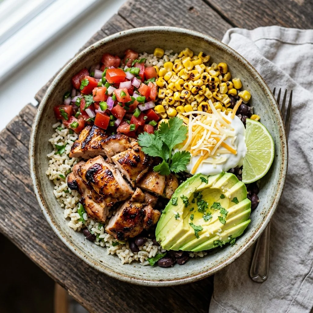 Delicious Chicken Burrito Bowl with fresh ingredients and vibrant toppings
