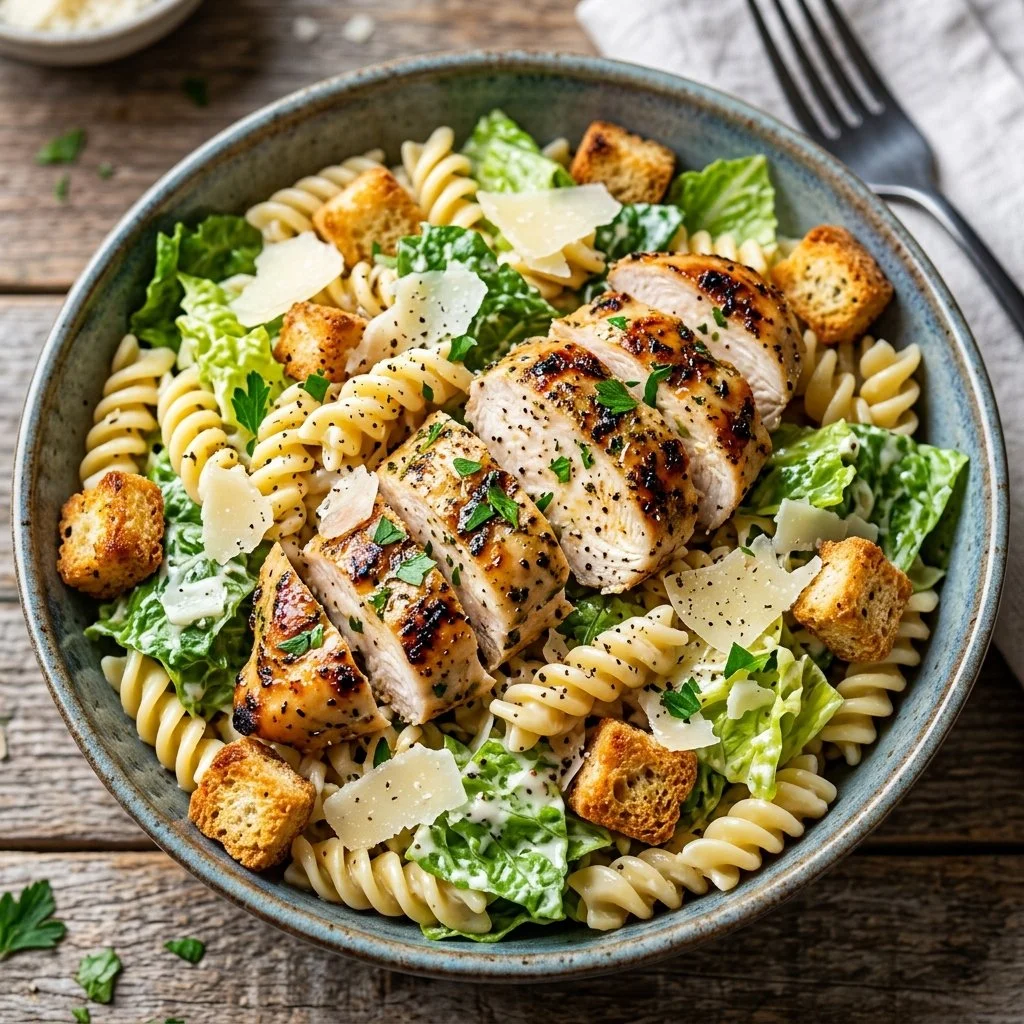 A bowl of Chicken Caesar Pasta Salad with grilled chicken, romaine lettuce, and Caesar dressing