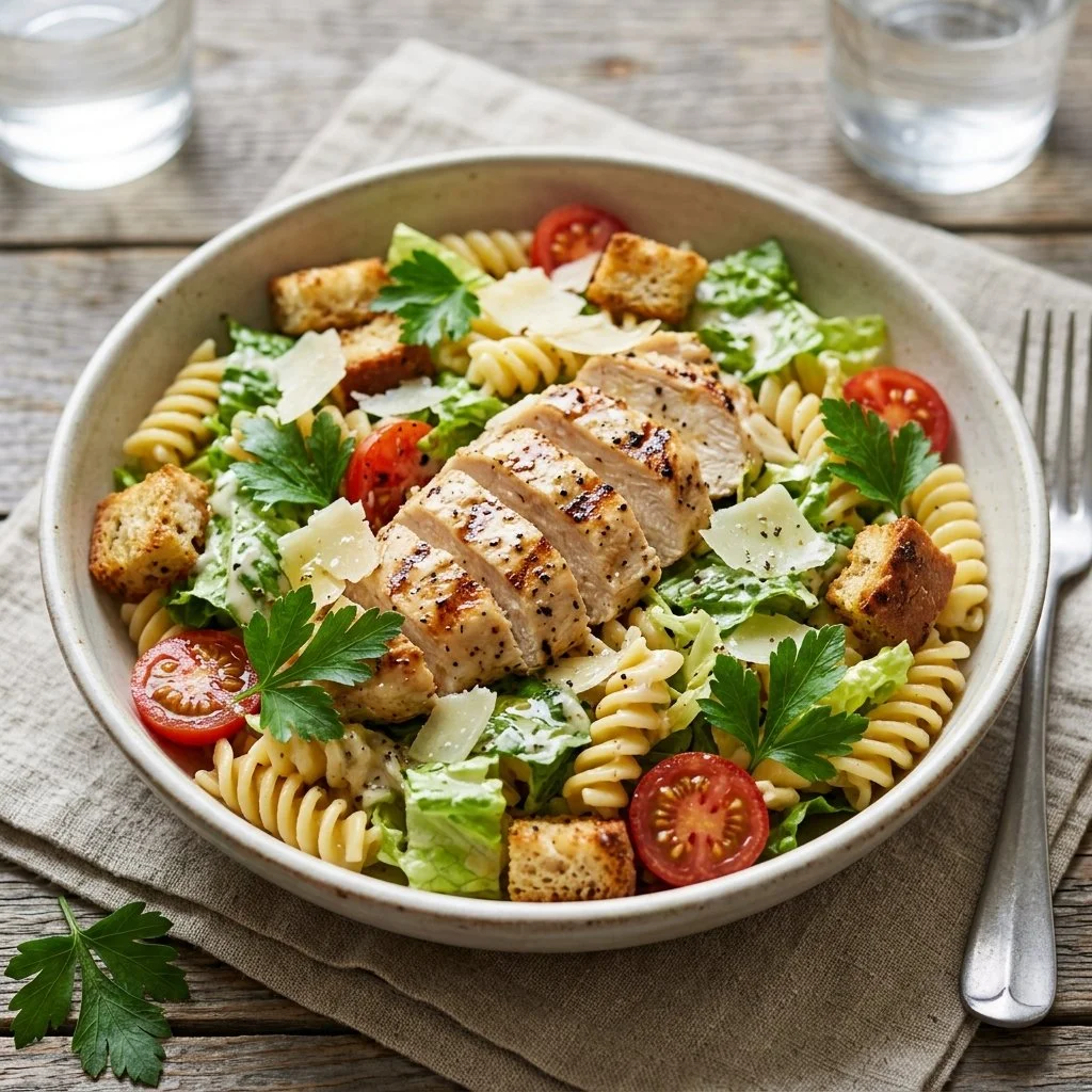Delicious Chicken Caesar Pasta Salad with fresh ingredients and creamy dressing