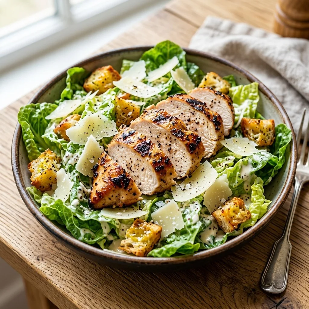 Delicious Chicken Caesar Salad with romaine lettuce, grilled chicken, and Parmesan cheese