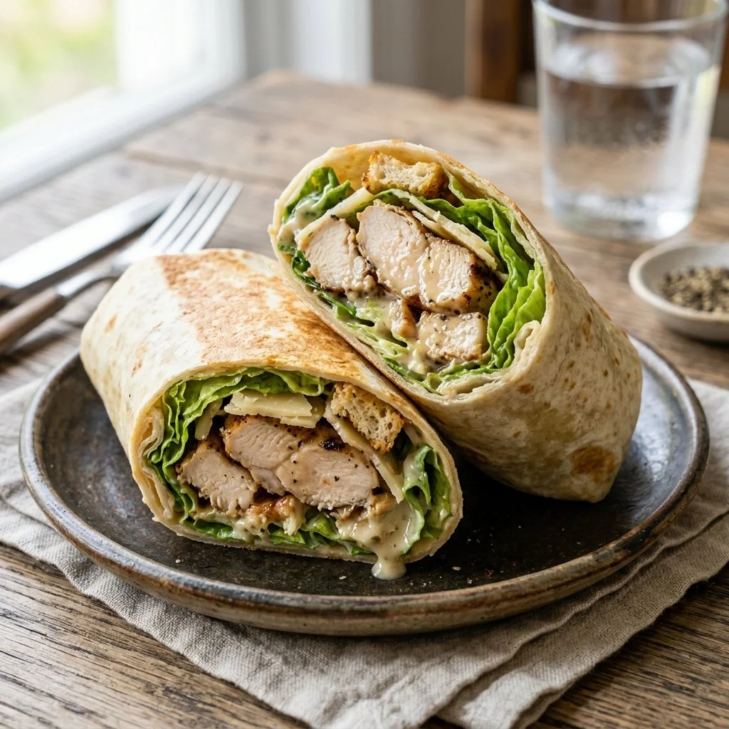 Delicious Chicken Caesar Wrap with chicken, romaine lettuce, and Caesar dressing.