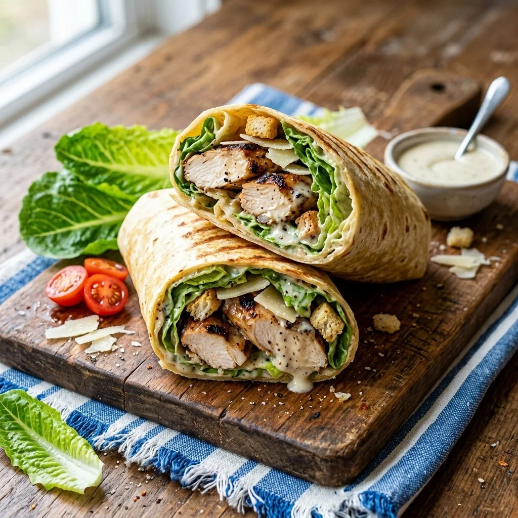 Delicious Chicken Caesar Wrap with fresh ingredients and romaine lettuce.