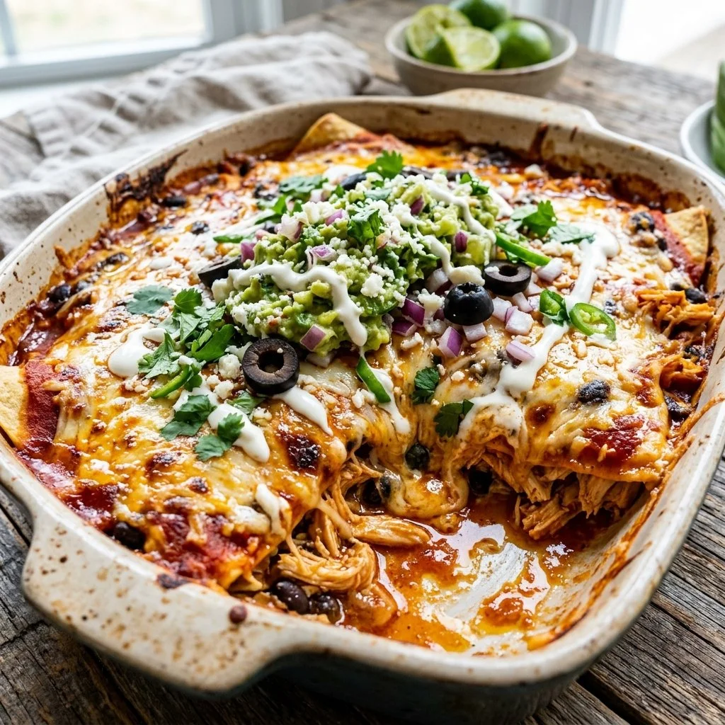 Chicken Enchilada Bake with cheese, tortillas, and colorful toppings