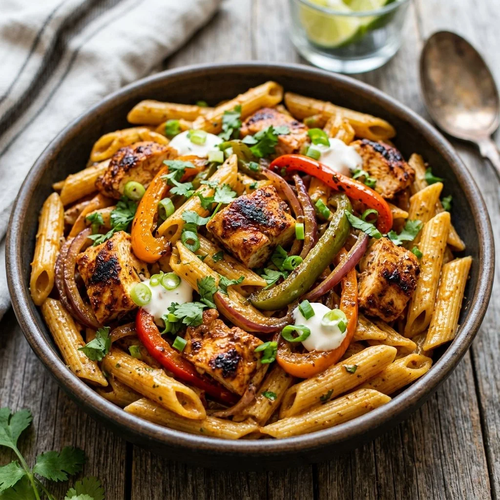 Delicious Chicken Fajita Pasta served with colorful peppers and creamy sauce