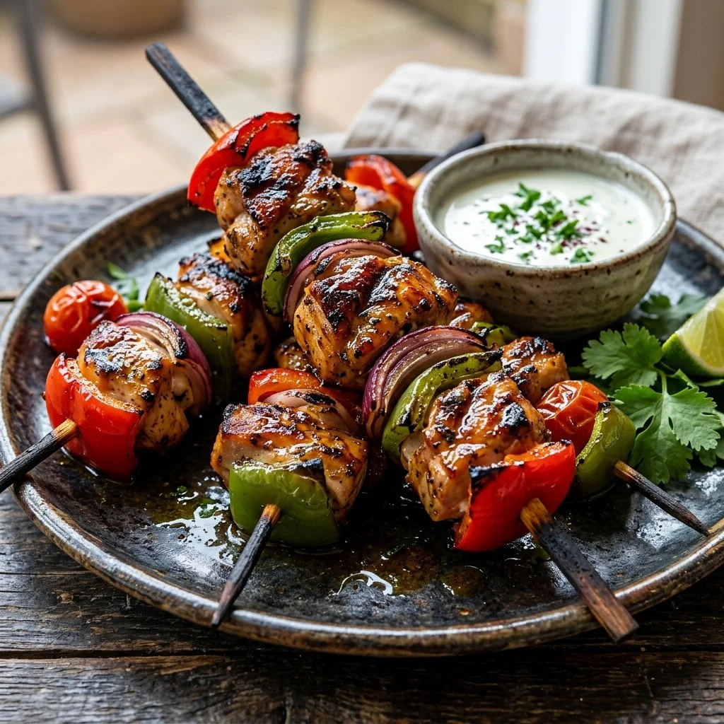 Delicious grilled chicken kabobs with colorful vegetables on skewers