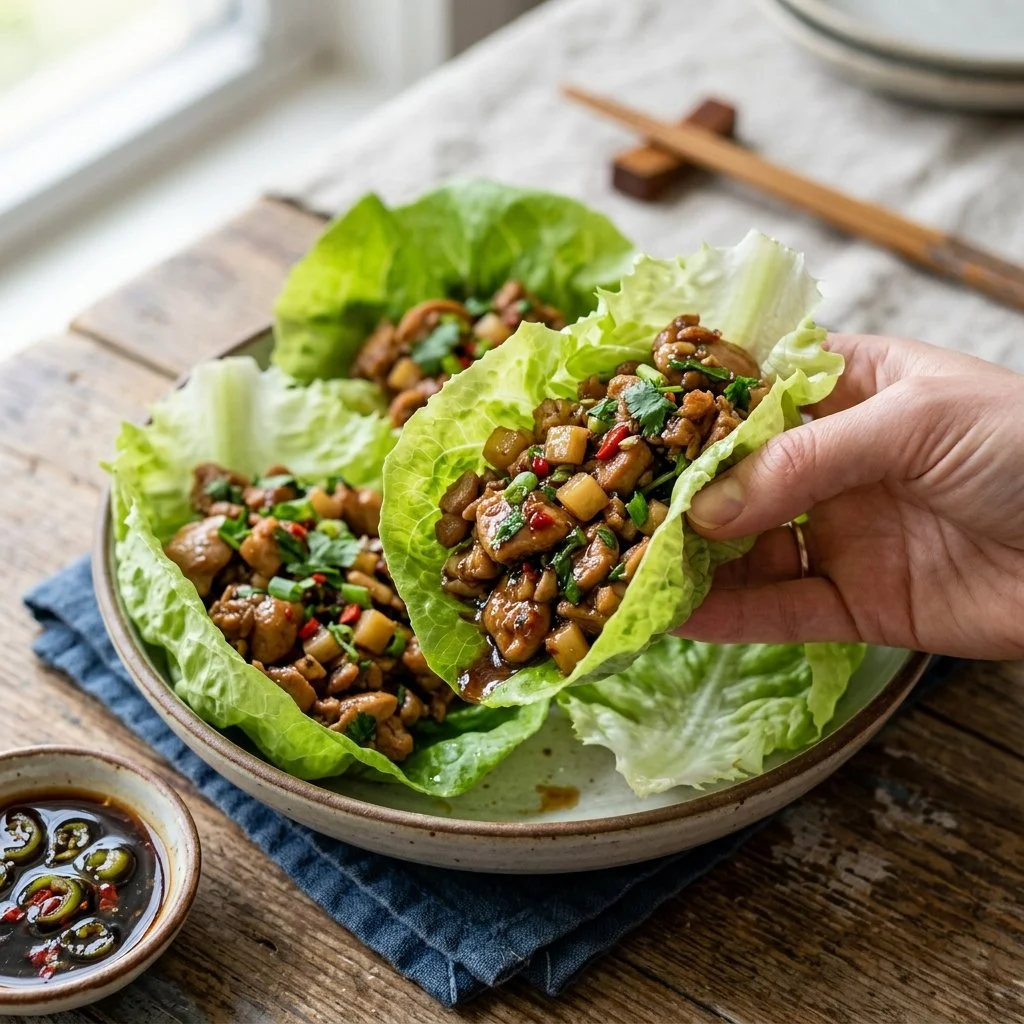 Delicious Chicken Lettuce Wraps served with fresh vegetables and savory sauce