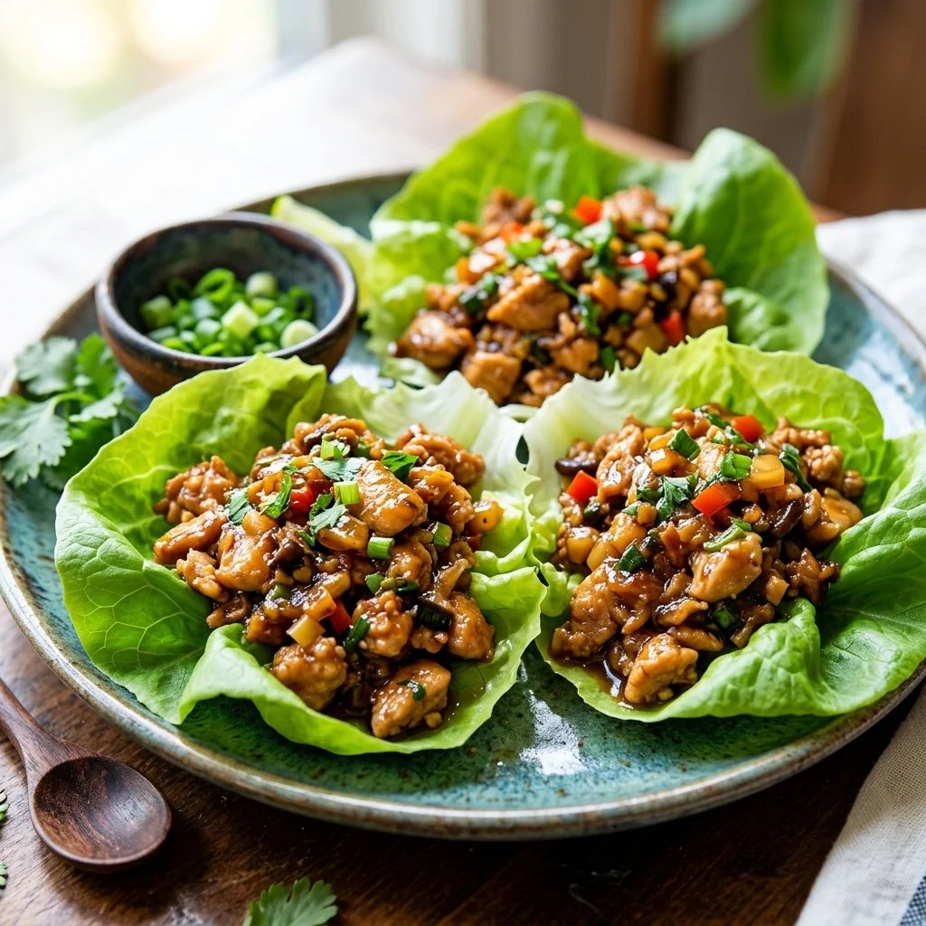 Healthy chicken lettuce wraps served with dipping sauce
