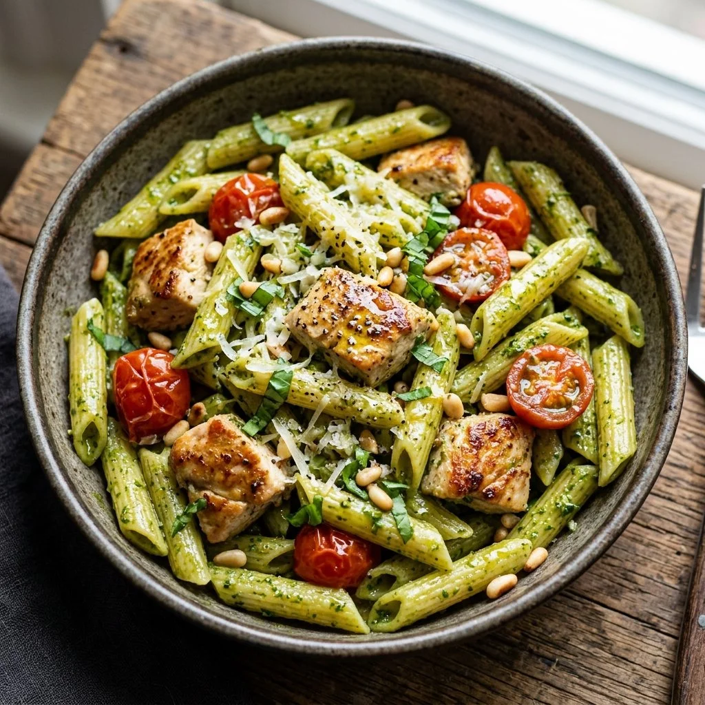 Plate of Chicken Pesto Pasta garnished with fresh basil and parmesan cheese.
